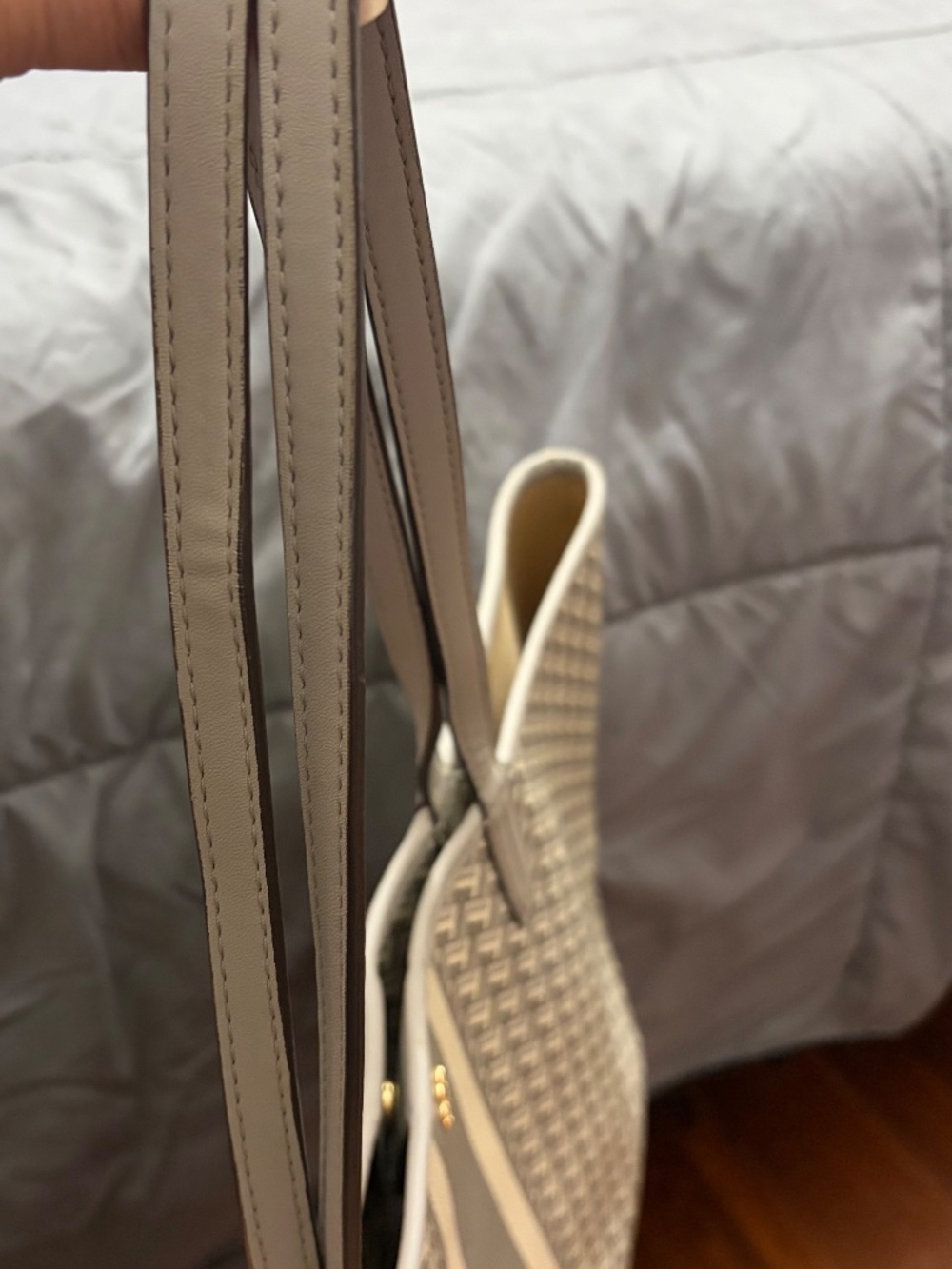Tory Burch Gray and Cream Center-Stripe Tote - Picture 6 of 9